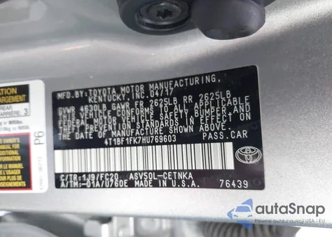 2017 Toyota Camry Le from USA, damaged, VIN 4T1BF1FK7HU769603